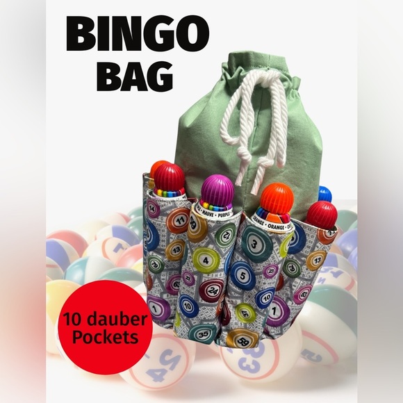 Hand Crafted Bingo Bag Dauber Bag Bingo Lover Handbag Drawstring Tote 10 pockets - Picture 11 of 16
